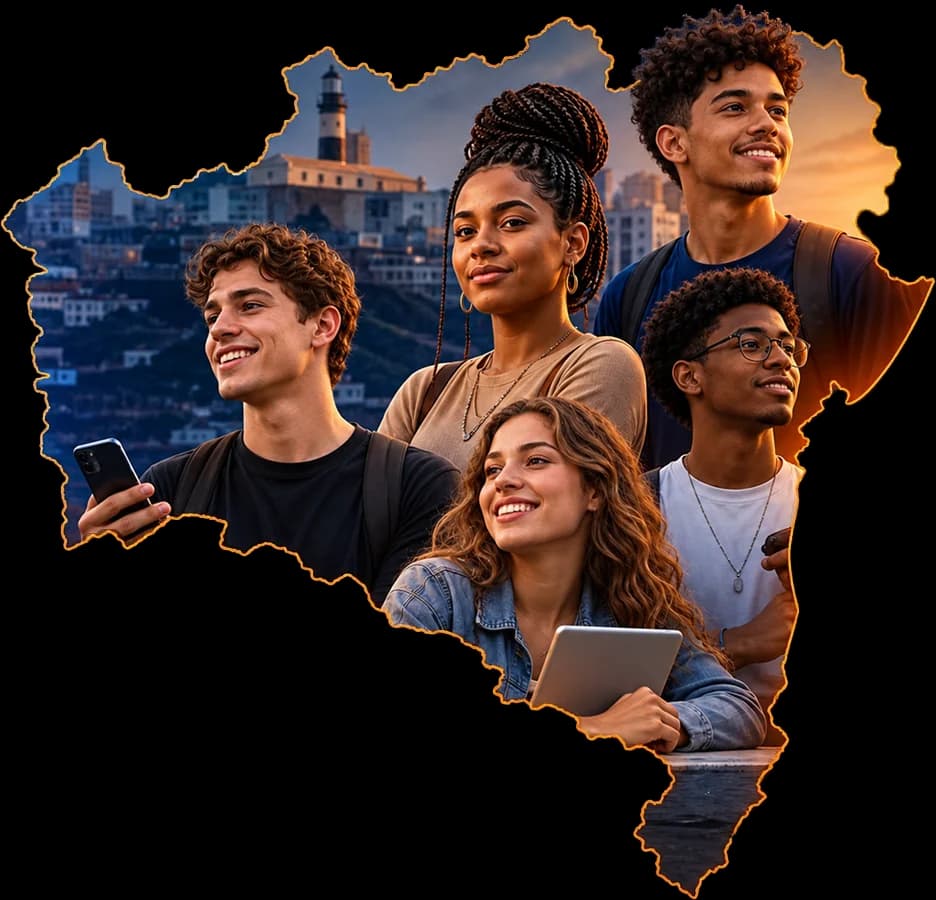 Jovens estudantes no contorno do mapa da Bahia