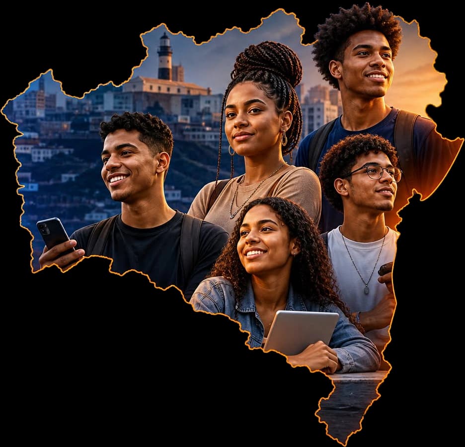 Jovens estudantes no contorno do mapa da Bahia